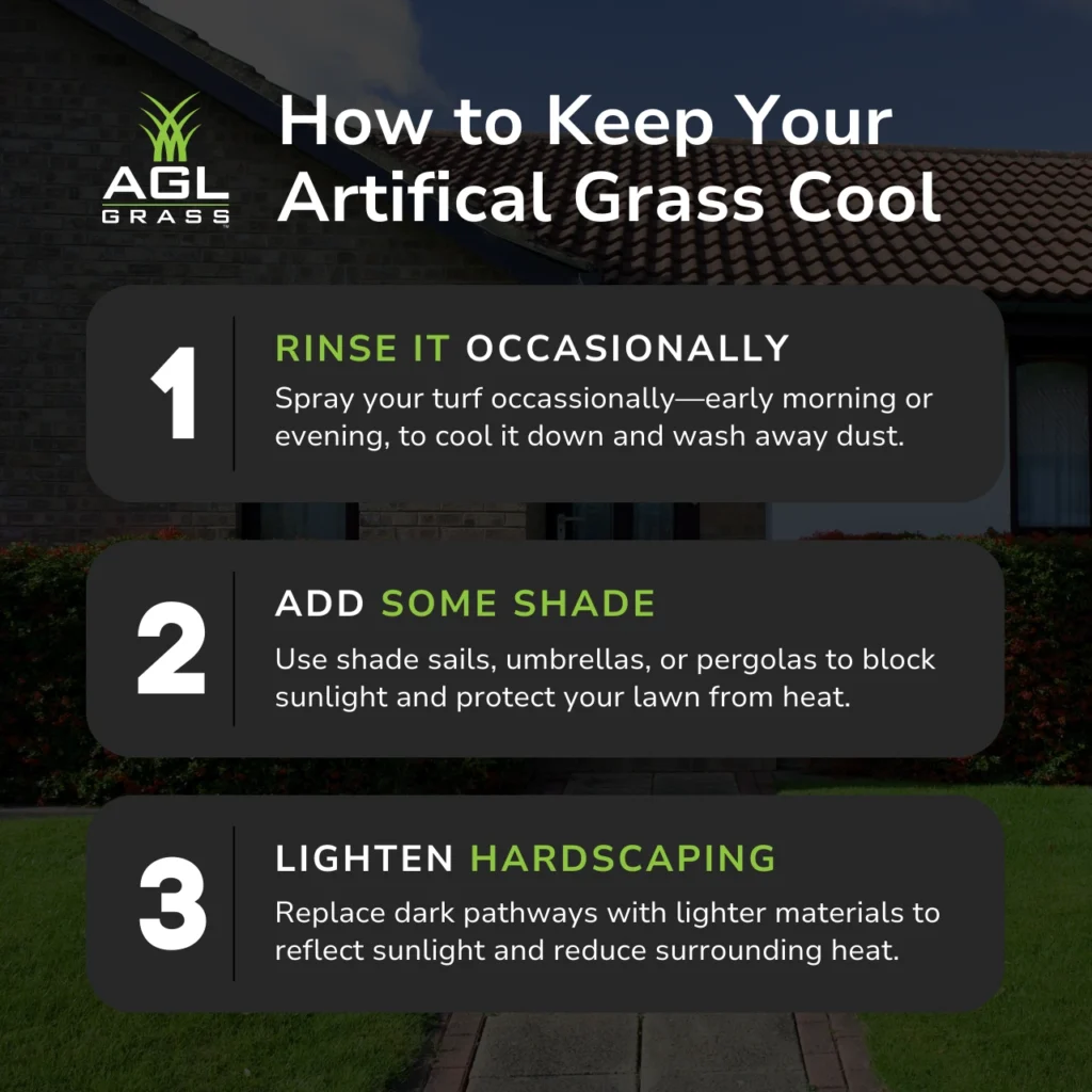 How to keep your artificial grass cool: rinse occasionally, add shade, and lighten hardscaping.