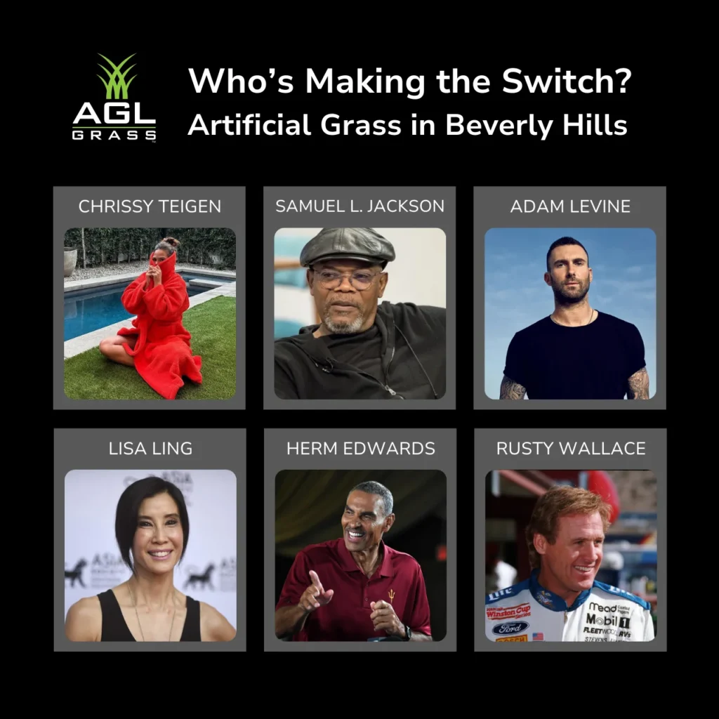 A collage of celebrities, including Chrissy Teigen, Samuel L. Jackson, and Adam Levine, who have switched to artificial grass in Beverly Hills for a low-maintenance, eco-friendly lifestyle.