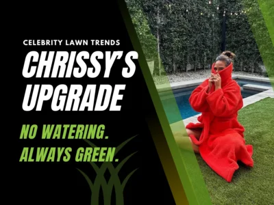 Chrissy Teigen relaxes on her artificial grass lawn, highlighting the benefits of an allergy-free, always-green outdoor space.