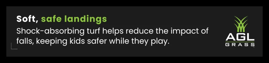 A callout emphasizing the shock-absorbing nature of artificial grass, reducing fall impact and creating a safer play space for children.