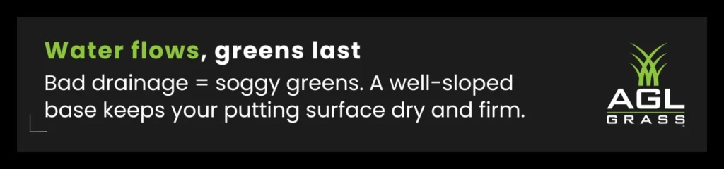 Proper artificial turf drainage prevents soggy, unstable putting greens. Using a well-sloped crushed stone base helps water flow efficiently, keeping the green firm, dry, and game-ready.