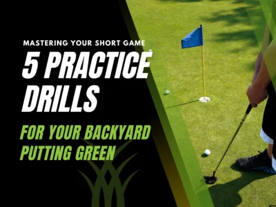 A golfer practicing putting on an artificial green, refining short game techniques. These backyard putting green drills help golfers lower their scores through structured home practice.