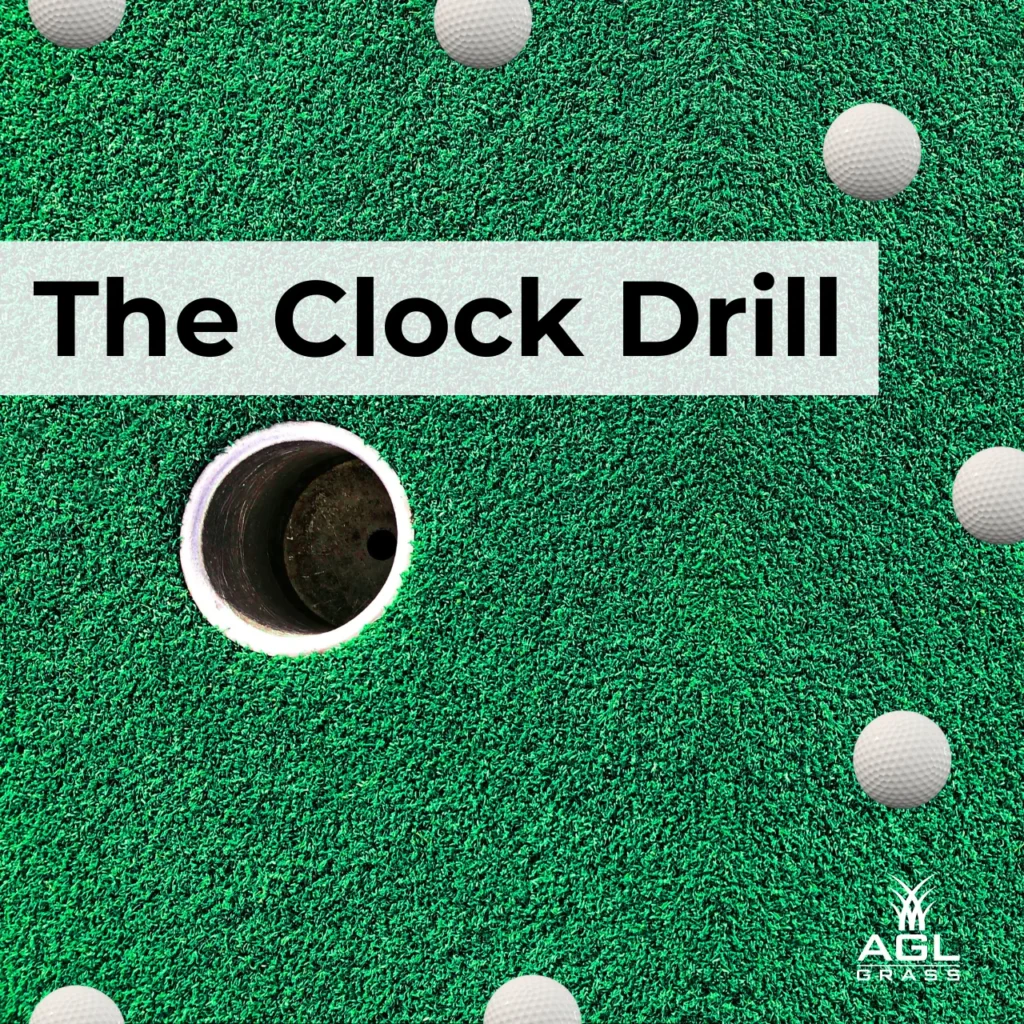 A putting drill setup featuring a golf hole surrounded by balls in a clock-like formation. The clock drill helps golfers improve short putts from different angles, making it a key part of home putting practice tips.