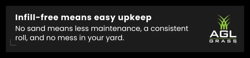 Infill-free artificial turf benefits include minimal maintenance, a smooth roll, and no messy sand.