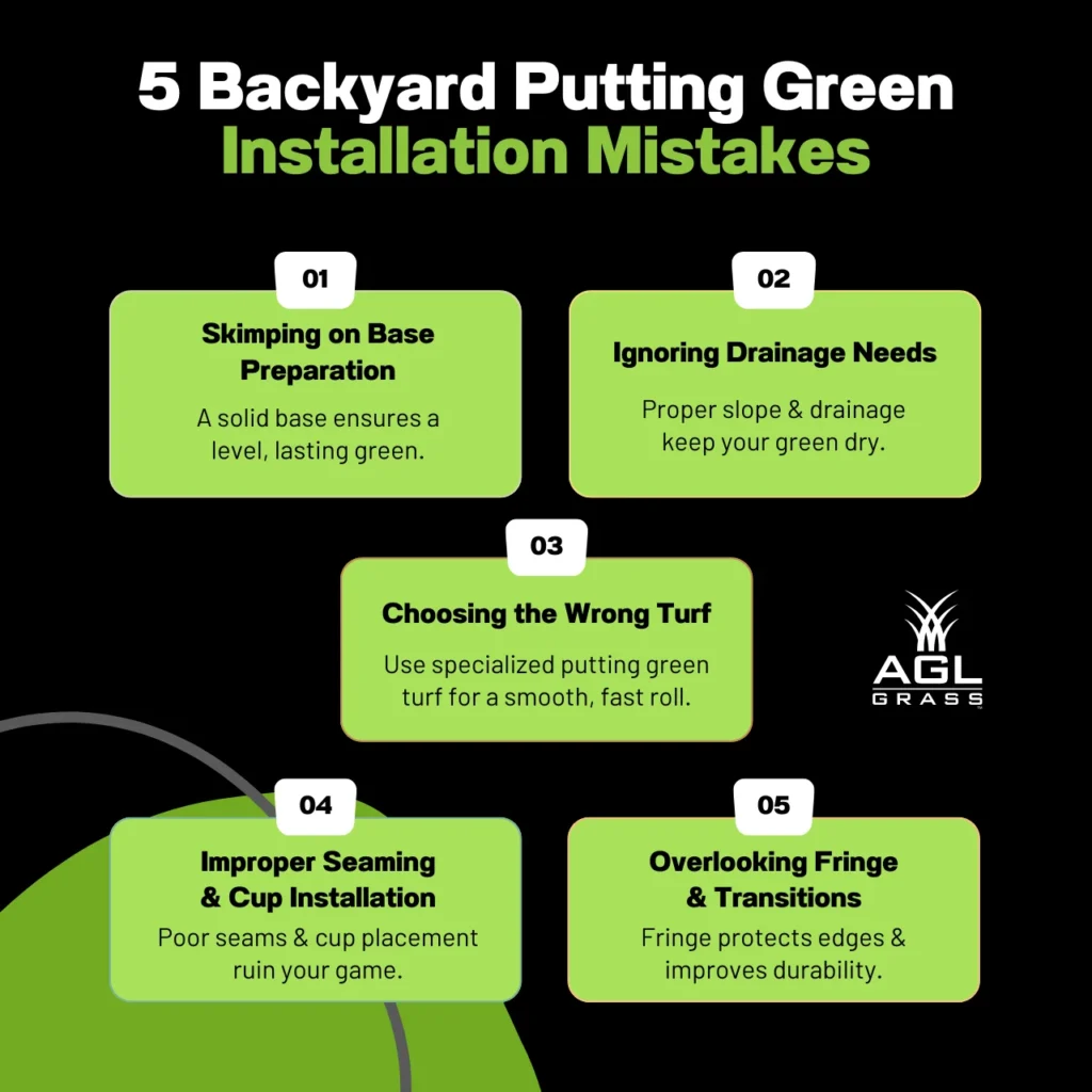 Avoid common backyard putting green mistakes like poor base prep, improper drainage, and using the wrong turf. Learning the right techniques ensures a smooth, long-lasting artificial green.