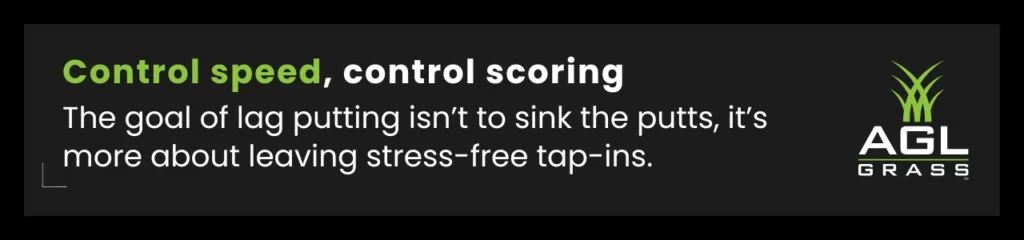 A callout graphic emphasizing the importance of speed control in lag putting. Controlling distance is essential for reducing three-putts and improving overall short game practice on artificial greens.