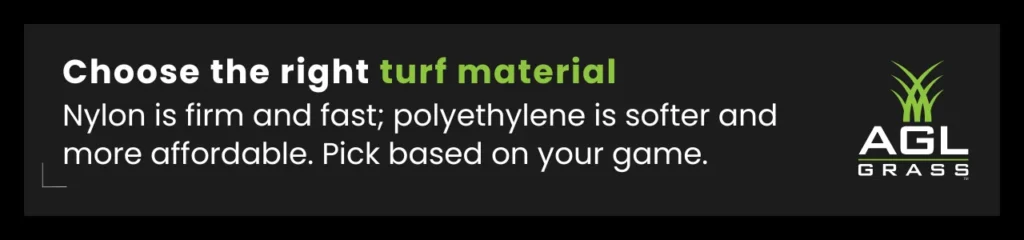 A callout explaining the differences between nylon and polyethylene turf for putting greens. Nylon vs polyethylene putting green materials impact speed, durability, and overall playability.