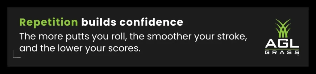 A putting practice callout emphasizing the importance of consistent reps for improved stroke and scoring. Mastering golf putting drills at home leads to better results on the course.
