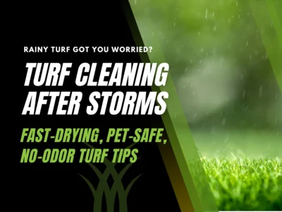 Hero banner showing artificial turf during rainfall, promoting cleaning artificial grass after rain for pet-friendly, low-maintenance backyards.