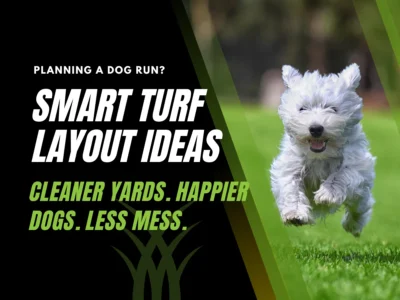 Hero banner showing a white terrier running on vibrant green artificial turf, promoting dog run artificial grass ideas for cleaner, low-maintenance outdoor layouts.
