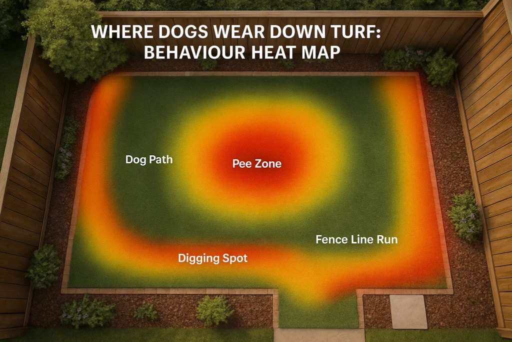 Heat map of a backyard turf zone showing typical wear patterns from dogs, including turf for side yard dog run traffic, pacing paths, and pee zones.