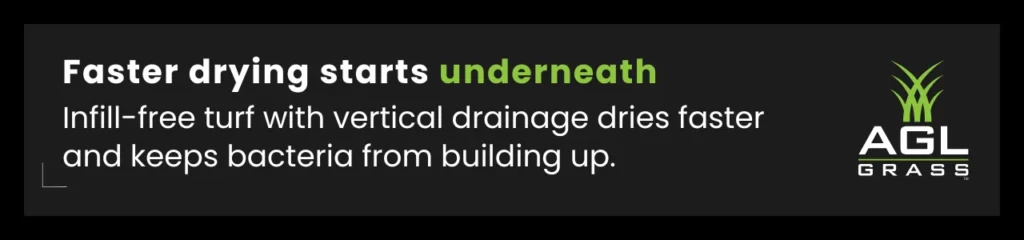 Callout graphic promoting vertical drainage benefits of infill-free turf, helping reduce bacteria and improve turf cleaning in rainy conditions.