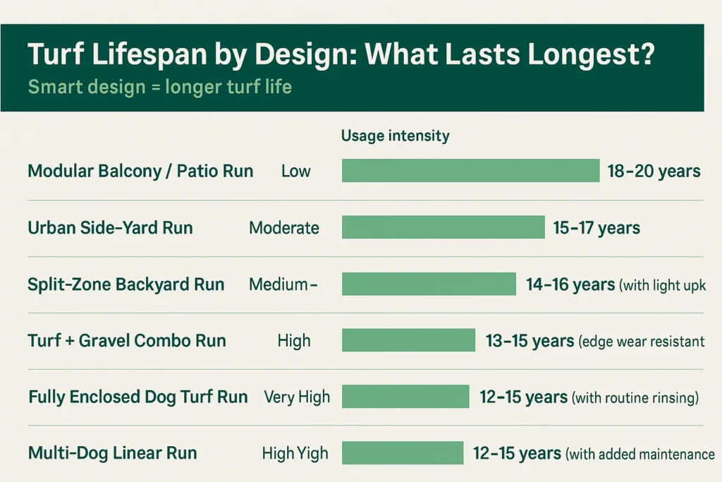Visual chart comparing the expected lifespan of artificial grass dog run designs by usage type and intensity, including balcony, side yard, and multi-dog layouts.