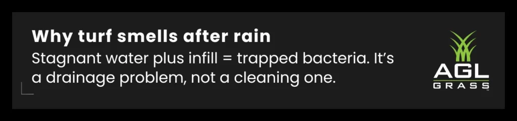 Callout highlighting the link between turf odour and drainage, especially after rain when infill traps bacteria and water can't escape.