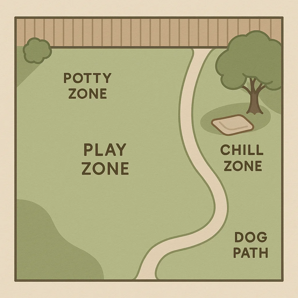Flat illustration showing a multi-dog yard layout with labelled zones: potty area, play zone, and shaded chill zone, designed to improve turf performance.
