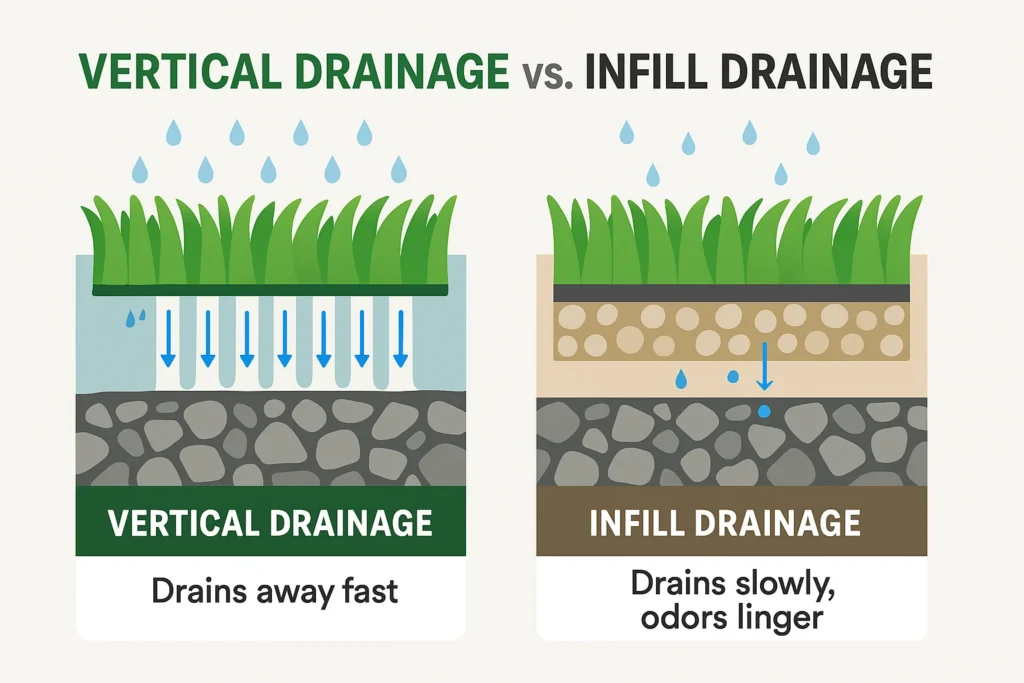 Side-by-side graphic comparing turf that drains well for dogs (vertical drainage) versus infill systems that cause lingering moisture and smell.