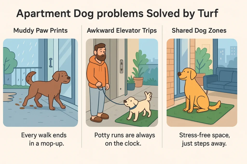 Three illustrated scenes comparing dog ownership struggles versus turf solutions, showing how turf for dog on balcony simplifies city living.