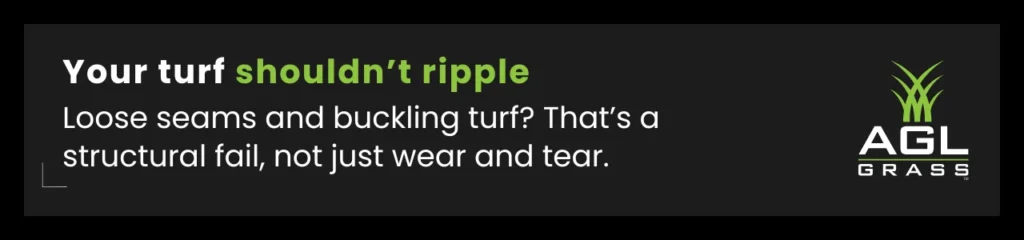 A turf warning callout explains how artificial grass for large dogs needs structural integrity to avoid seam failure and buckling.