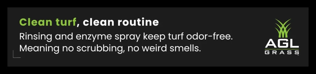 A maintenance-themed visual promoting regular rinsing and cleaning techniques for apartment dog potty turf in enclosed urban setups.