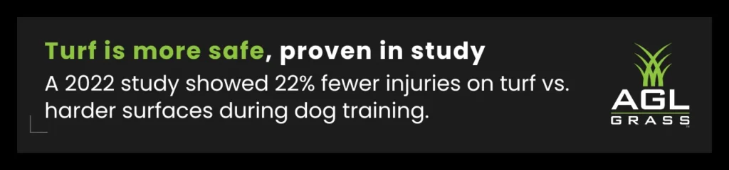 A study-based callout shows how dog turf with joint support reduces injuries versus hard surfaces that are ideal for big dog households.