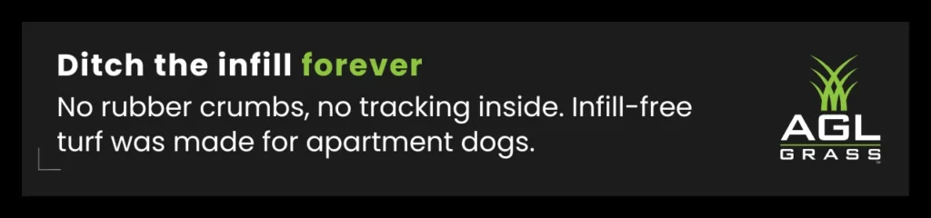 An AGL callout graphic promoting dog grass for shared courtyards that’s clean, safe, and completely infill-free.