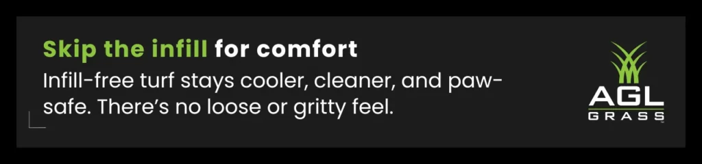 Callout graphic explaining the comfort benefits of infill-free artificial grass for pets and paws.