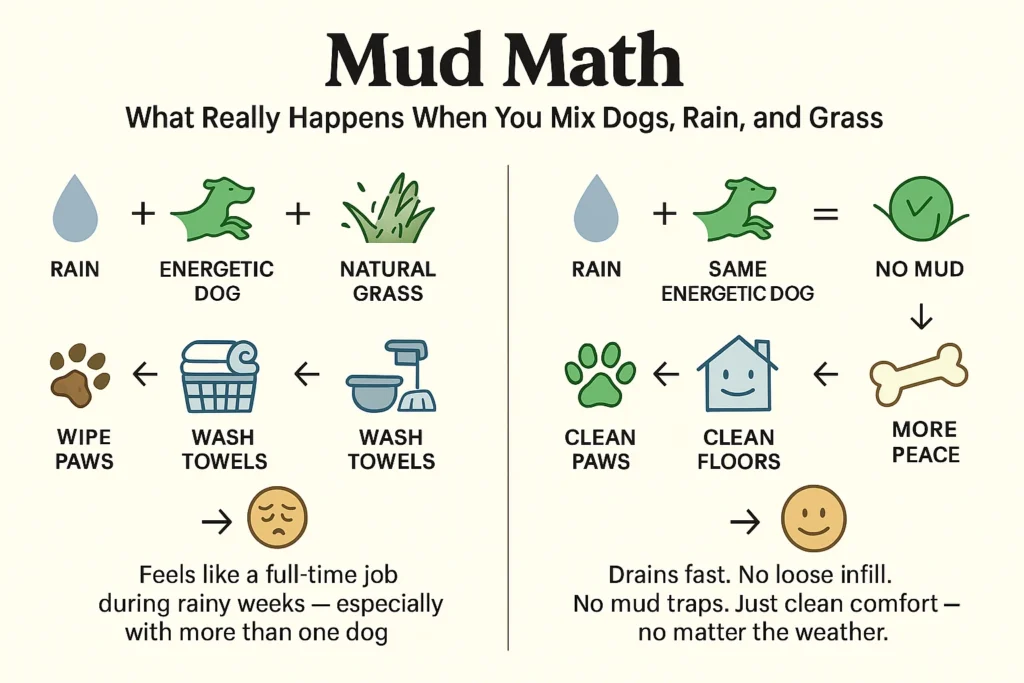 Split-panel infographic comparing dog mess with natural grass vs. clean play with infill-free turf. Shows how turf prevents puddles, mud, and paw messes in Canadian backyards.