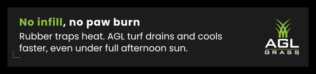 Graphic highlighting how durable turf for dog runs without infill stays cooler and cleaner during hot weather play.
