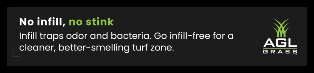 Text overlay describing how infill-free turf reduces odour and supports the best turf for dog potty zones.