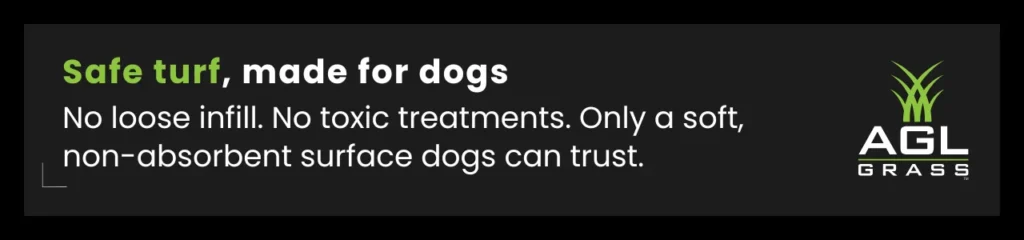 Pet safety callout promoting dog safe turf with no loose infill or harsh chemicals. Ideal for families looking for a cleaner, non-toxic yard solution.