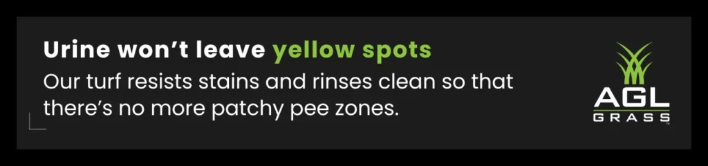 Callout showing how turf resists natural grass dog damage from urine stains and patchy discolouration, especially in high-use areas.