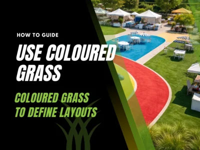 Coloured artificial turf used to define event zones, walkways, and seating areas in outdoor space.